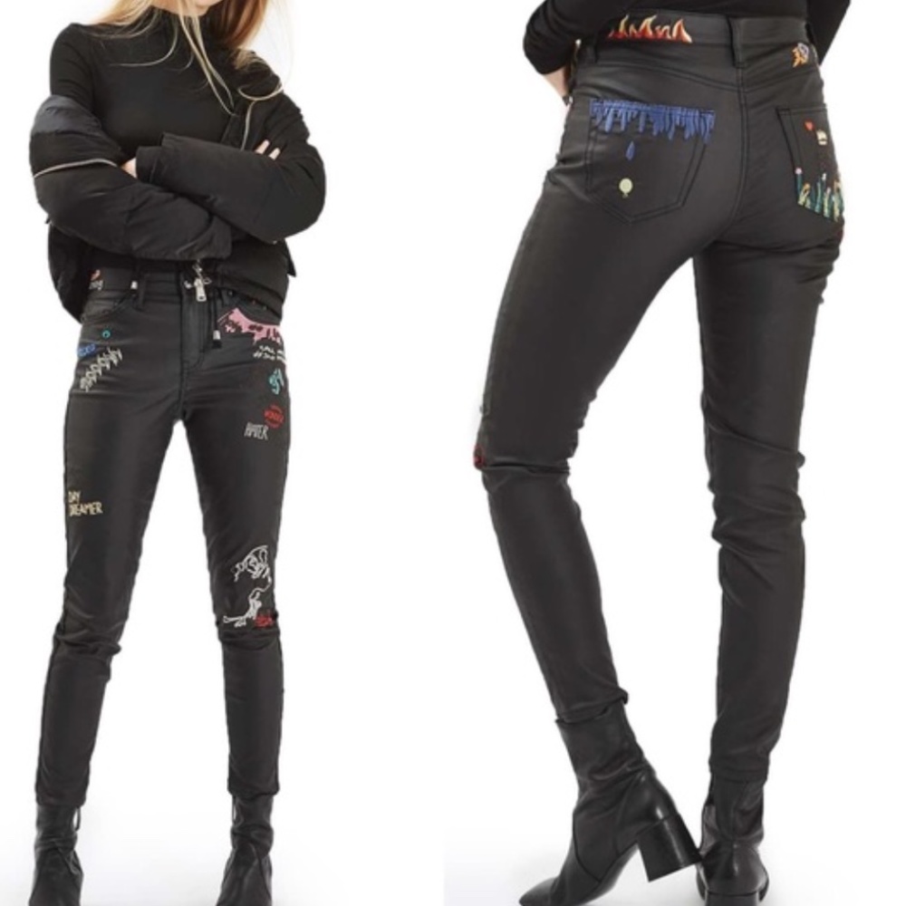 NWT Topshop Moto Jamie Scribble Faux Leather Jeans
